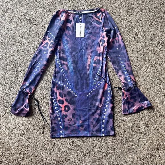 Blue and Purple Long Sleeve Bodycon Dress for Night Out - Picture 2 of 7